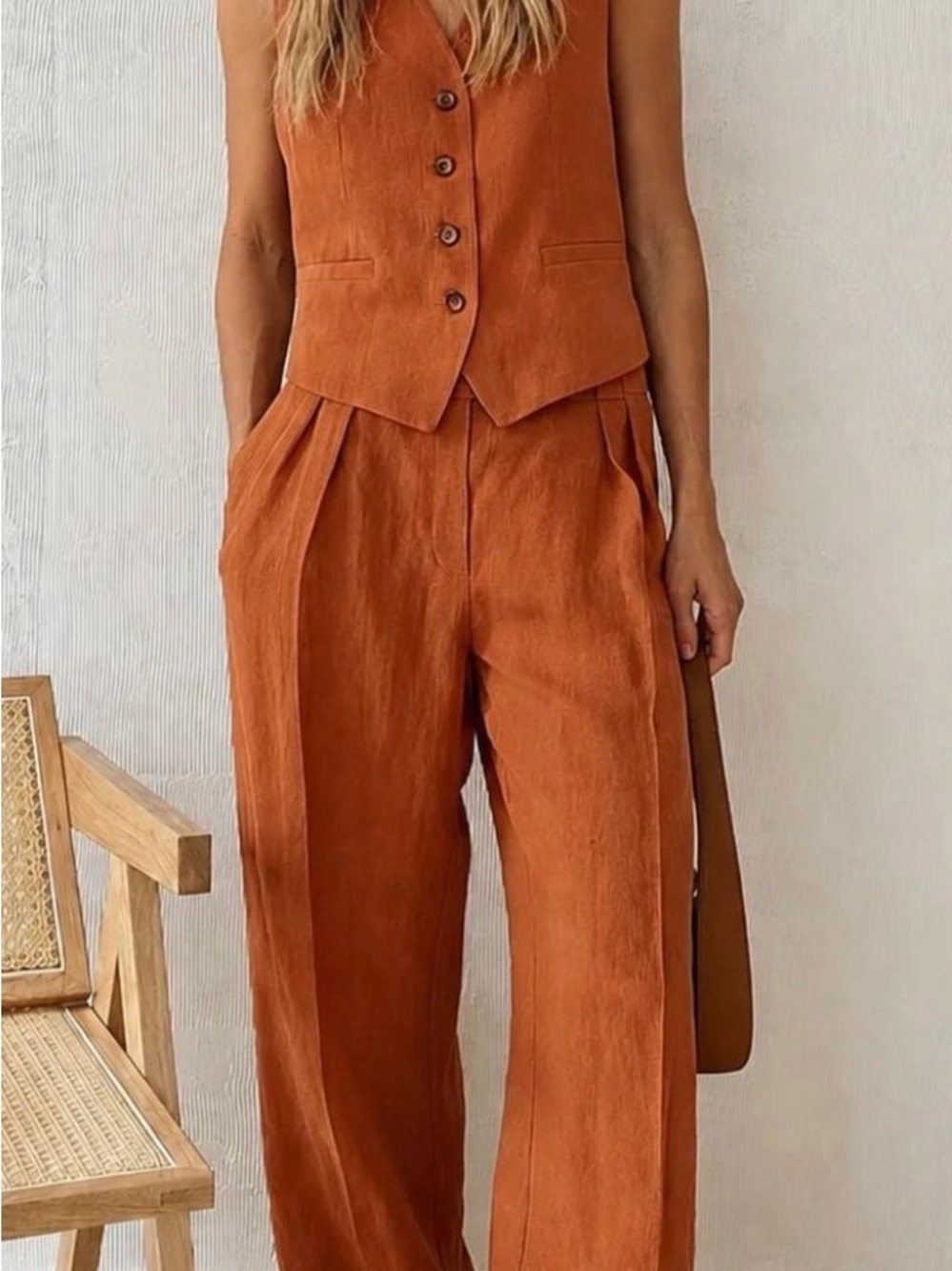 Commense Burnt Orange Wide-Leg Linen Pants